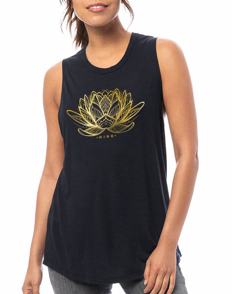 Women's Gold Shimmer Rising Lotus Slinky Muscle Tank – Breathe in