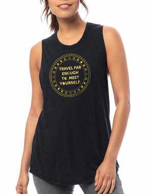 Women's Gold Shimmer Travel Far Enough To Meet Yourself Slinky Muscle Tank - Breathe in Detroit
