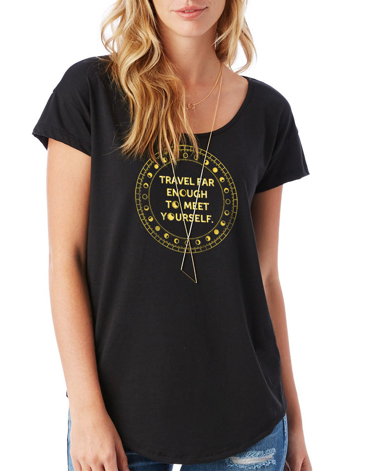 Women's Gold Shimmer Travel Far Enough To Meet Yourself Flowy Modal Tee - Breathe in Detroit